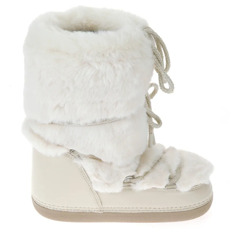 Winter Fur Boots Snow Boots Women Ski Boots Fluffy Hairy Lace Up Middle Calf Platform Flat With White Cotton Boots
