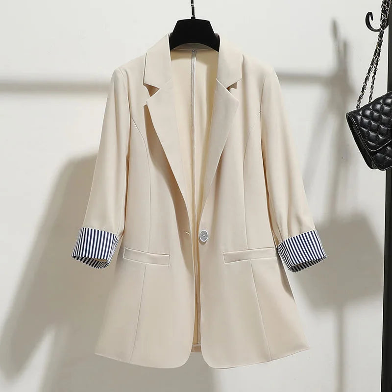 Women Solid Blazers Coat Fashion Slim Suits Female Casual Three-Quarter Sleeve Chic Tops Thin Office Lady Blazer Spring Summer Apricot