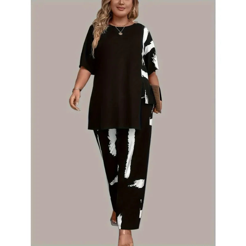 Plus Size 1XL-5XL Women's Brush Print EleganceRound Neck Short Sleeve Split Top & Matching Pants 2 Piece Outfit Set