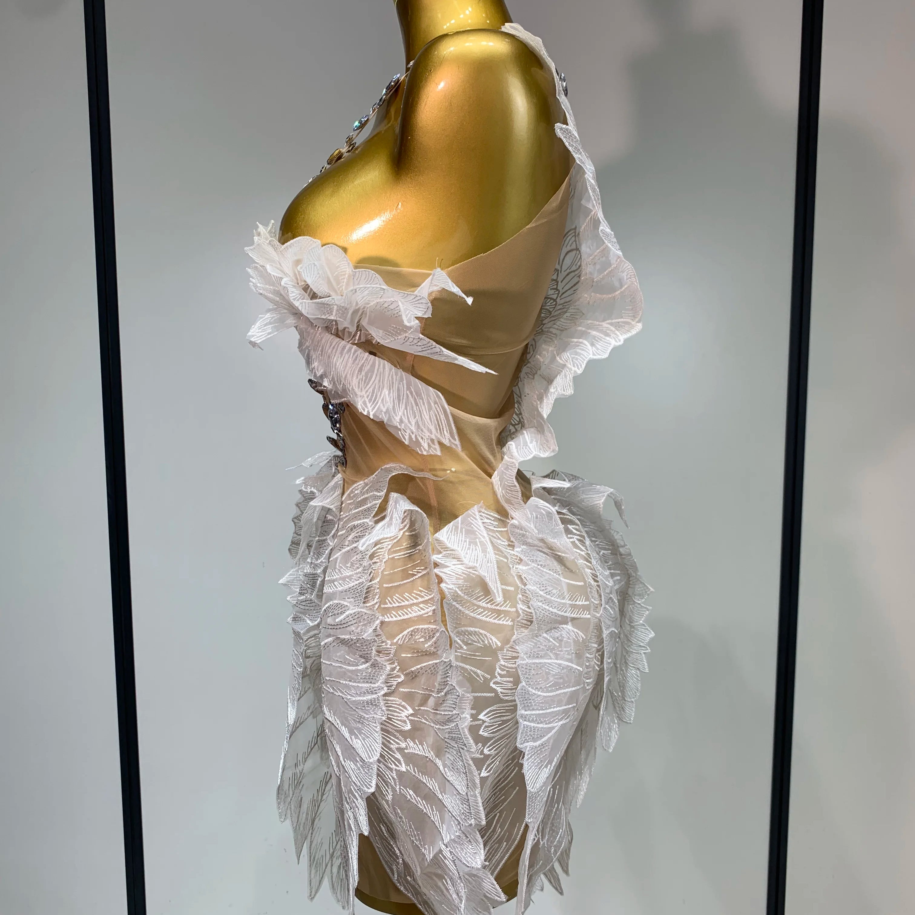 Luxury Birthday Dress Women Sexy White Crystal Transparent Wings Mini Dress Nightclub Evening Party Singer Stage Perform Costume