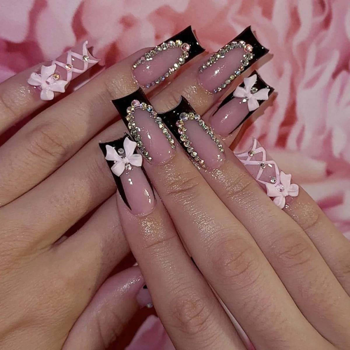 24Pcs French Tip Press on Nails Long Glitter Rhinestone False Nails Wearable Y2k 3D Bow Tie Designs Fake Nails with Jelly Glue