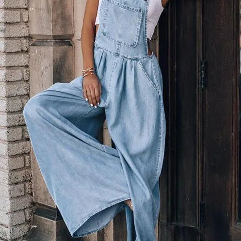 Fashion Denim Overall Women Jumpsuit with Pocket Ladies Spring Fashion Loose Jeans Rompers Female Casual Playsuit Blue