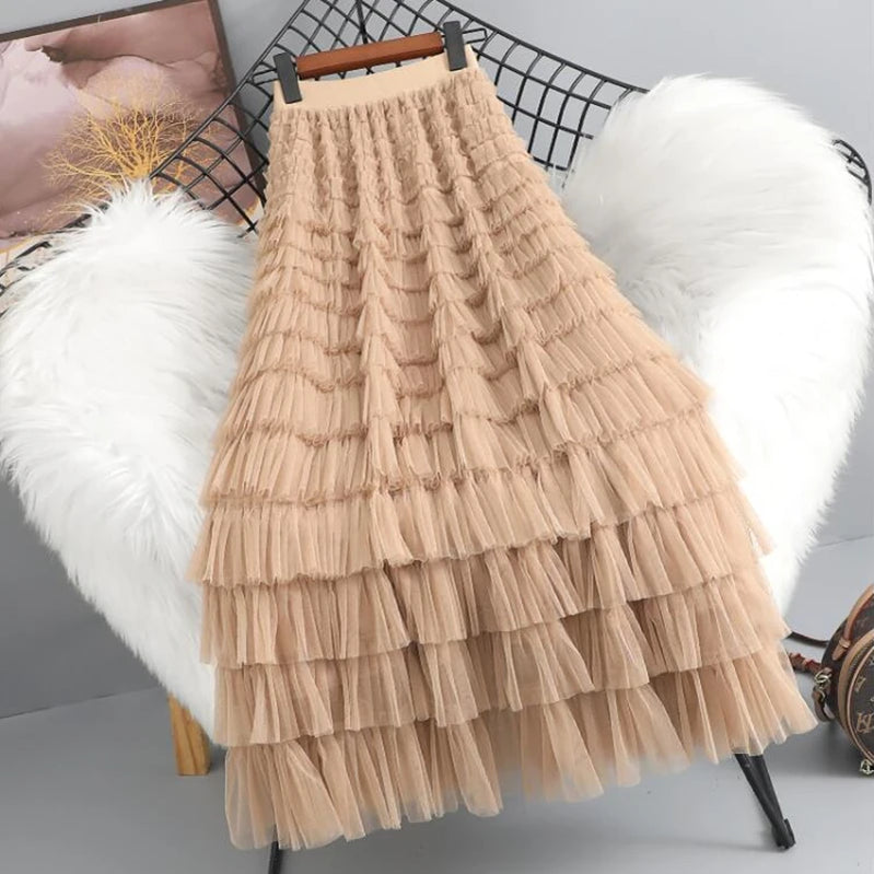 Spring Summer Women High Waist Slim Long Skirt Lolita Style Sweet Multilayered Mesh Patchwork Cake Skirt Khaki One Size