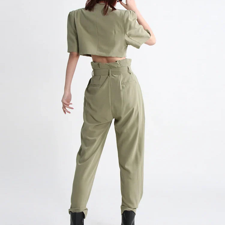 VGH Slim Two Piece Sets For Women V Neck Short Sleeve Crop Tops High Waist Spliceed Belt Wide Leg Pants Casual Set Female 2023
