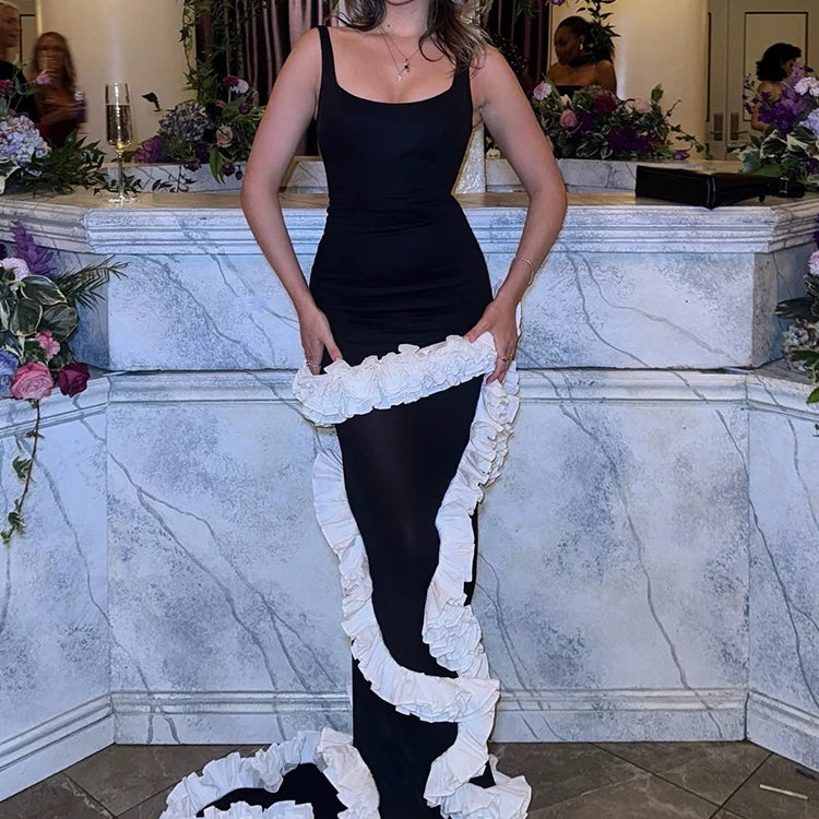 VC Artistic Black & White Strappy Dress Gown Ruffled Detailing for Creative Galas