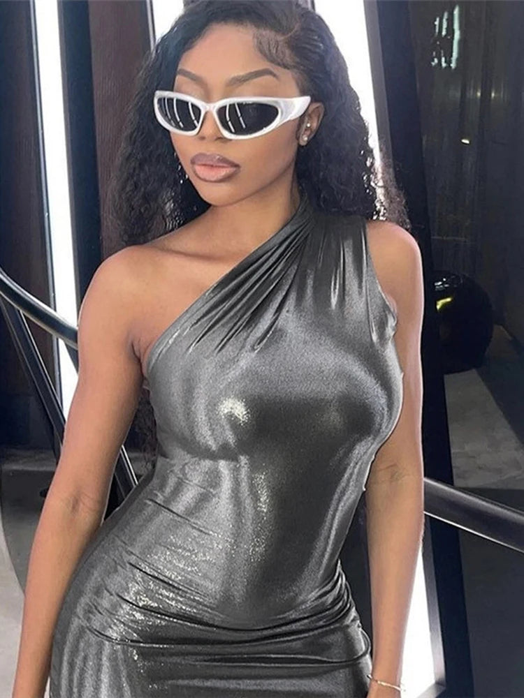 Faux Leather Sleeveless One Shoulder Long Dress For Women Bodycon Sexy Streetwear Party Club Outfits Summer Clothes