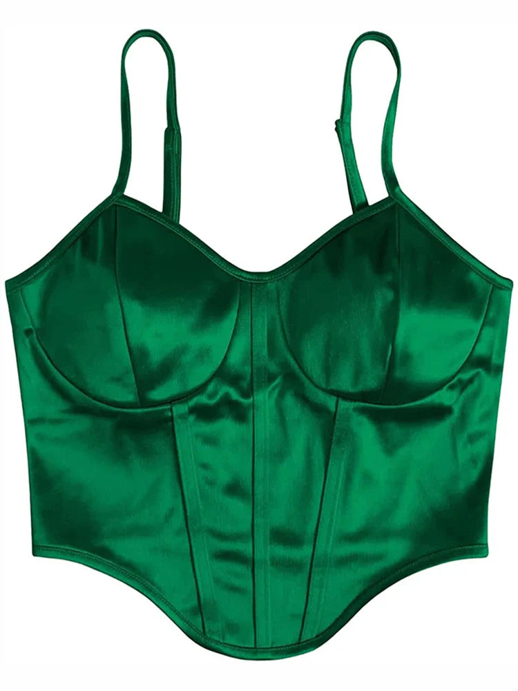New Summer Women's Satin Sleeveless Chain Strap Crop Tops Tank Tops Bustier Clubwear Camisole Green