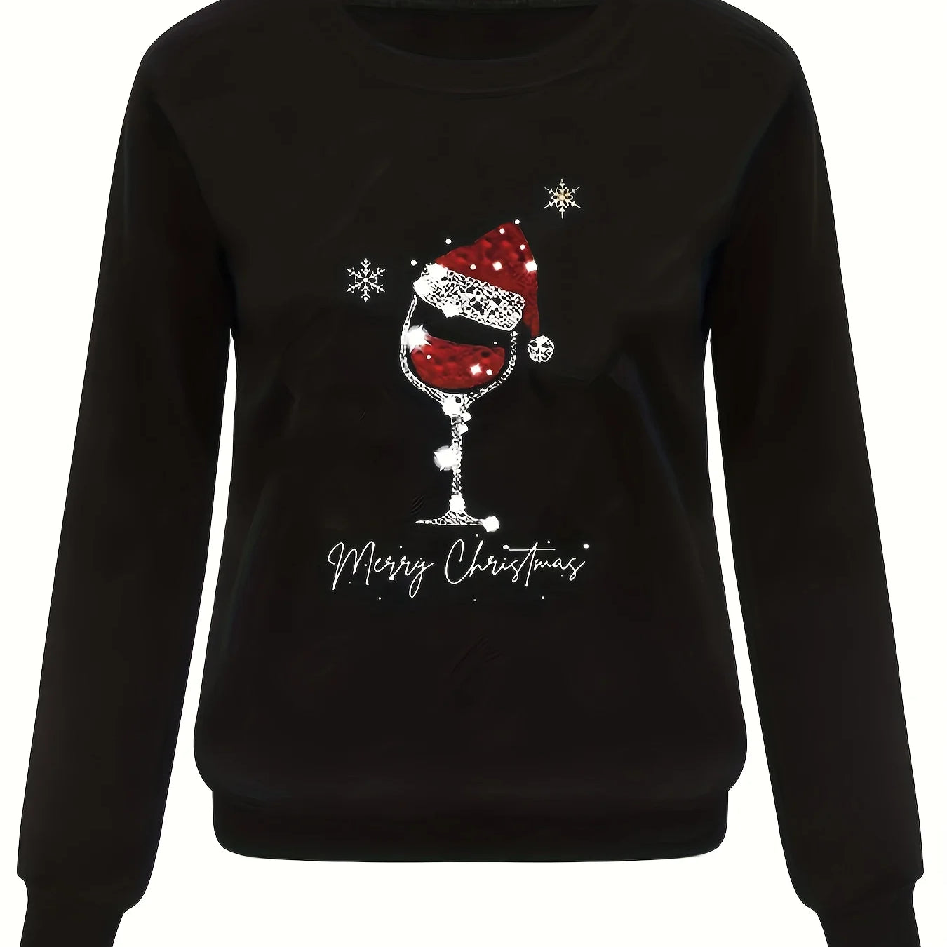 Women's Christmas printed loose top sweater long sleeved autumn and winter black black