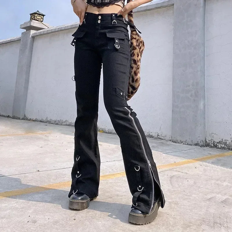 Autumn Trousers Flare Jeans European and American Cool Low-waist Zipper Straight Slim Jeans Cargo Pants Women
