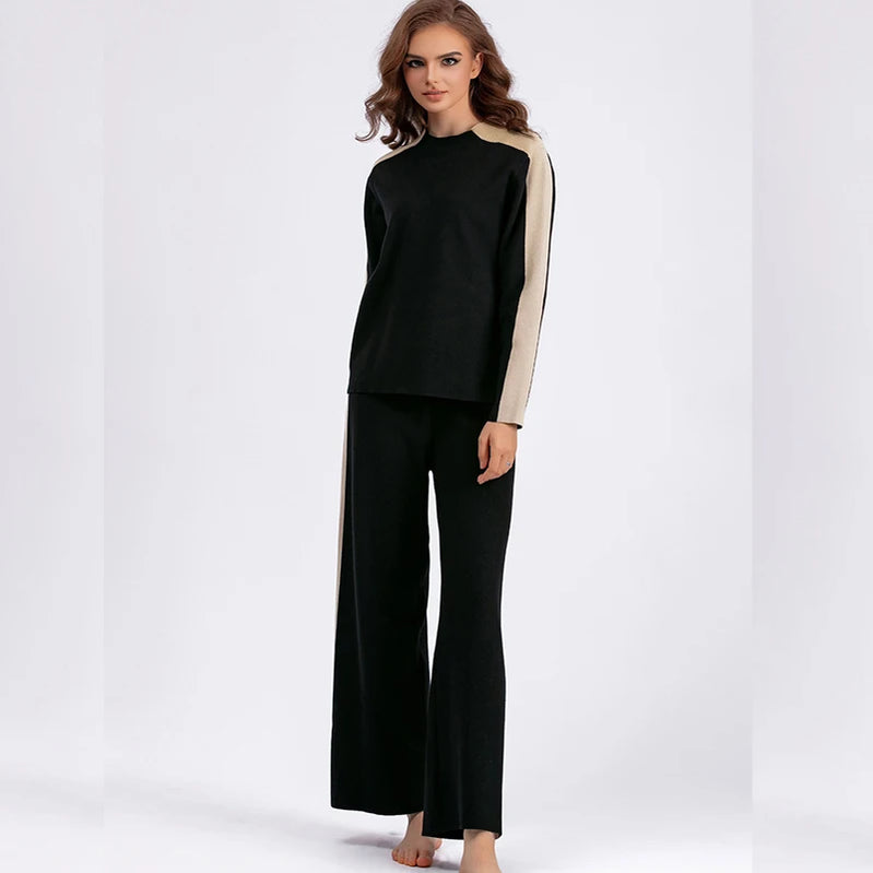 GIGOGOU CHIC Wide Leg Pants Tracksuits Autumn Winter Knit Pullover Sweaters Sets 2 Pieces Sets Full Length Trousers Suits Cloth