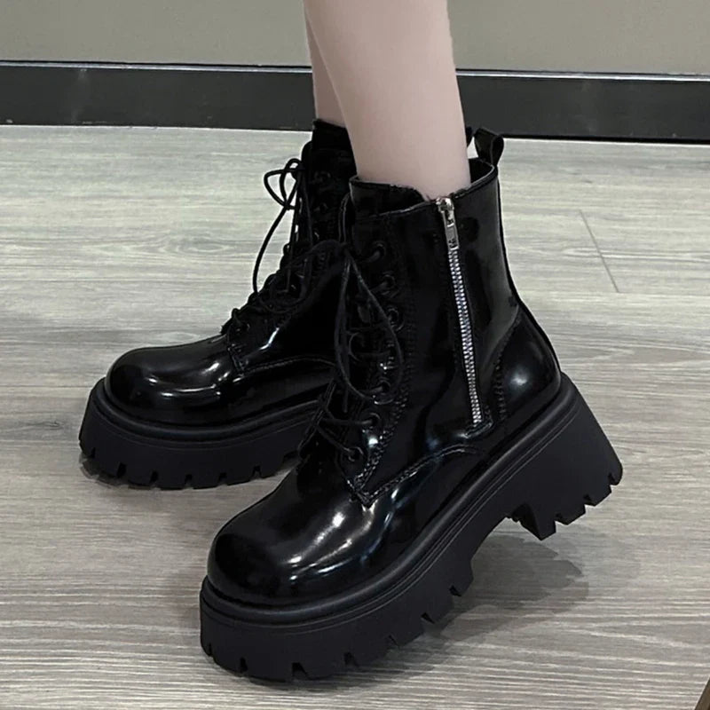 Chunky Platform Women's Ankle Boots Autumn Black Patent Leather Motorcycle Boots Woman Gothic Thick Bottom Combat Booties