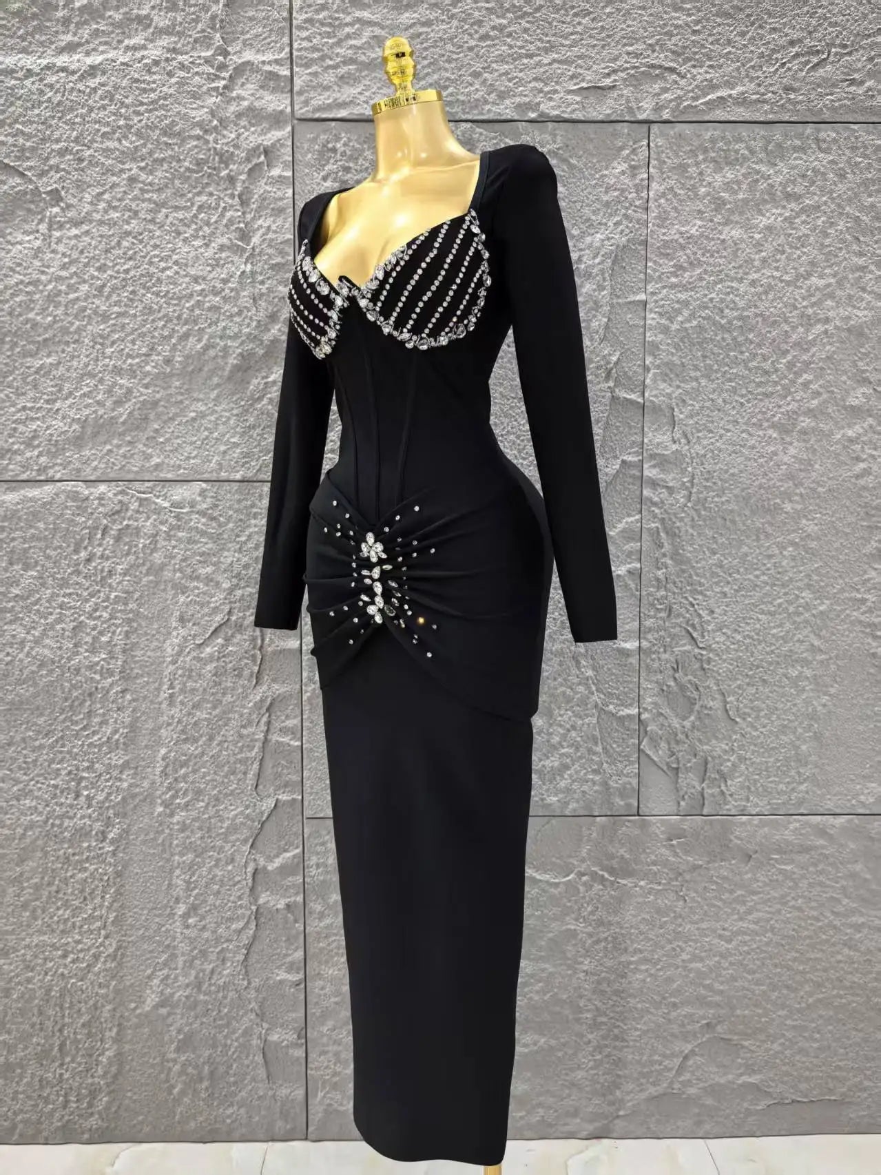 Vestido longo de bandagem brilhante com cristais brilhantes e gola quadrada, manga longa, sexy, de alta qualidade, para festa à noite
