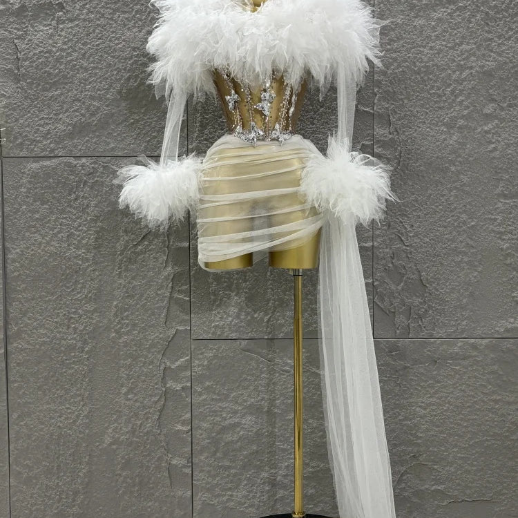 White Purple Women Sexy Mesh Ruffles 2 Pieces Bodycon Mini Dress See Through Celebrate Nightclub Party Bar Singer Stage Wear