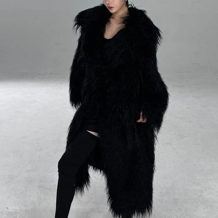 Winter Long Black Hairy Shaggy Thick Warm Soft Fluffy Faux Fur Coat Women Sashes Luxury Designer Overcoat Runway Fashion Black