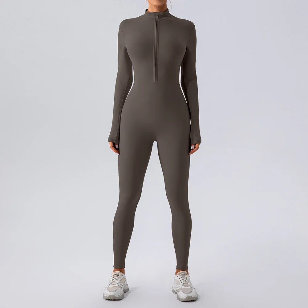 Yoga Jumpsuit Women Seamless Sports Zipper Jumpsuit Set Gym Long Sleeve Fitness Suit Elastic Gym Workout Bodysuit Athletic Wear DARK GRAY