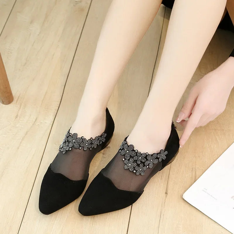 Women Fashion Black Lace Rhinestone Sandals Flowers Low Heel Sandals Mesh Plus Size Sandalias Mujer Casual Shoes