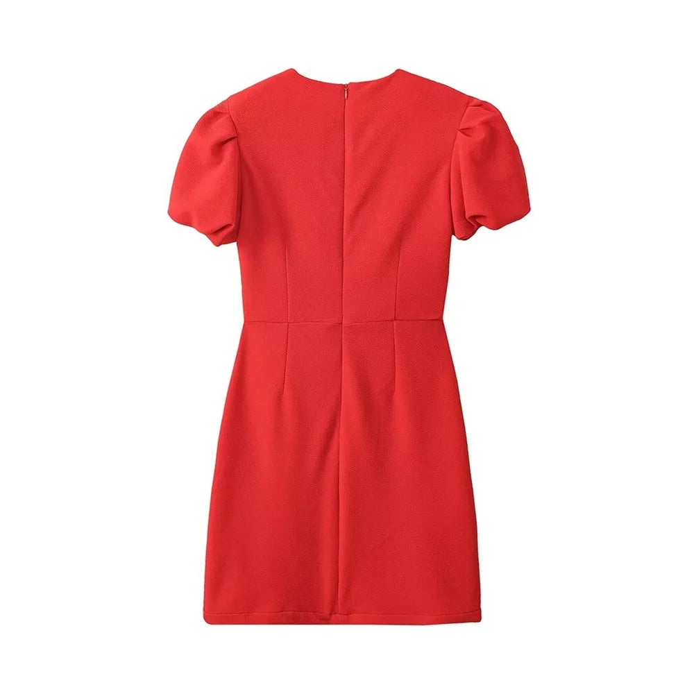 Zach Ailsa 2024 Spring Women's Fashion and Elegant Love Metal Decoration Bubble Sleeves Mini Dress