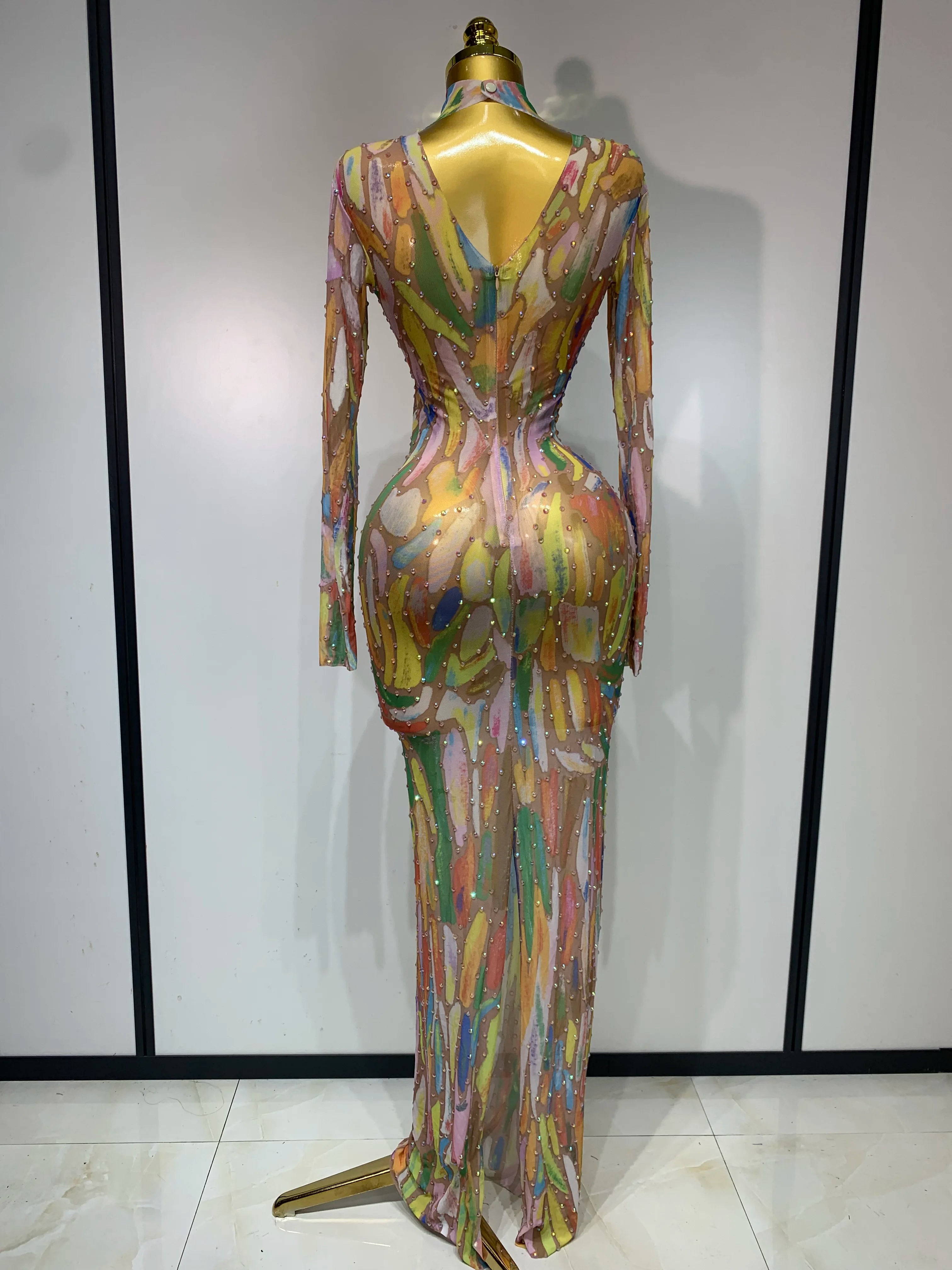 Sparkly Rhinestone Stretchy Mesh See Through Jumpsuit Women Performance Dancer Costume Rompers Party Nightclub Stage Outfit