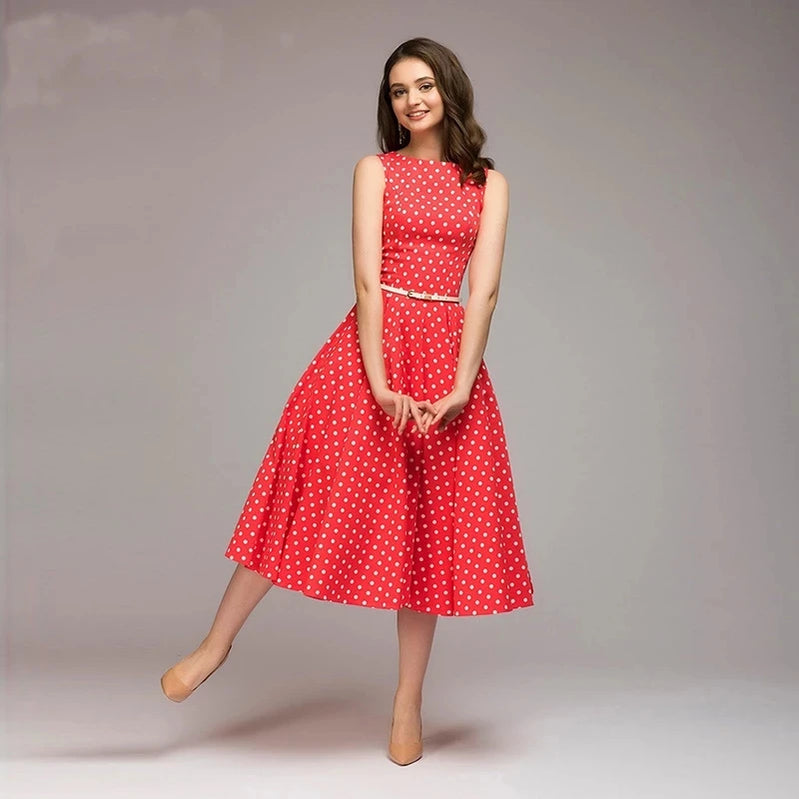 Vintage Dress Sleeveless O-neck Vestidos Women Elegant Thin Dot Printing Mid-Calf Casual Dress Female Summer Red
