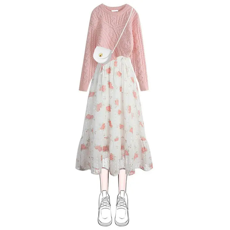 Korea Asymmetric Thickened Knitted Sweater Pullover Fashion Print Strap Dress Two Piece Elegant Women's Party Dress