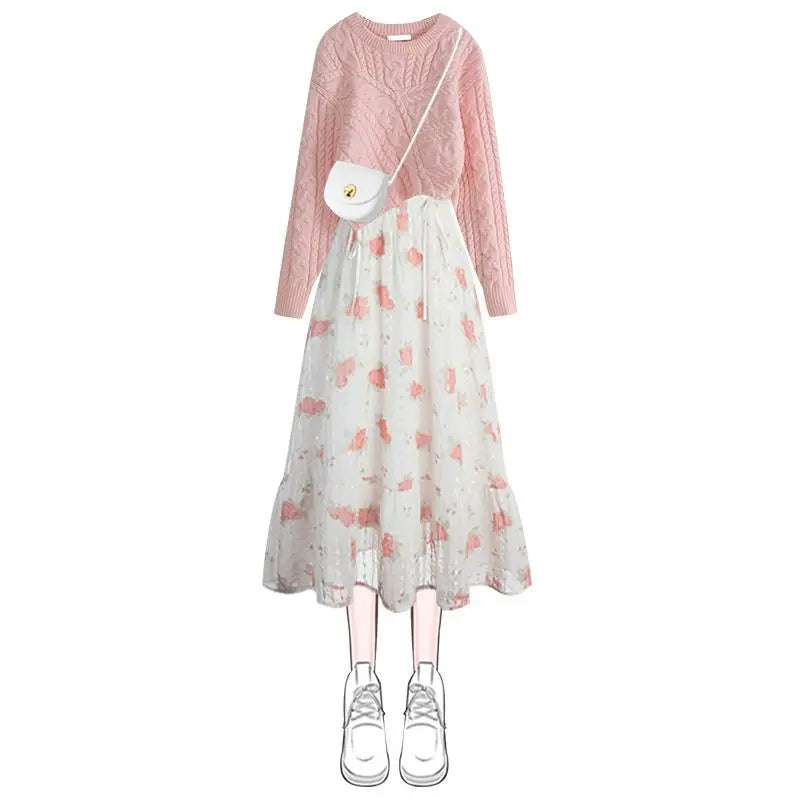 Korea Asymmetric Thickened Knitted Sweater Pullover Fashion Print Strap Dress Two Piece Elegant Women's Party Dress