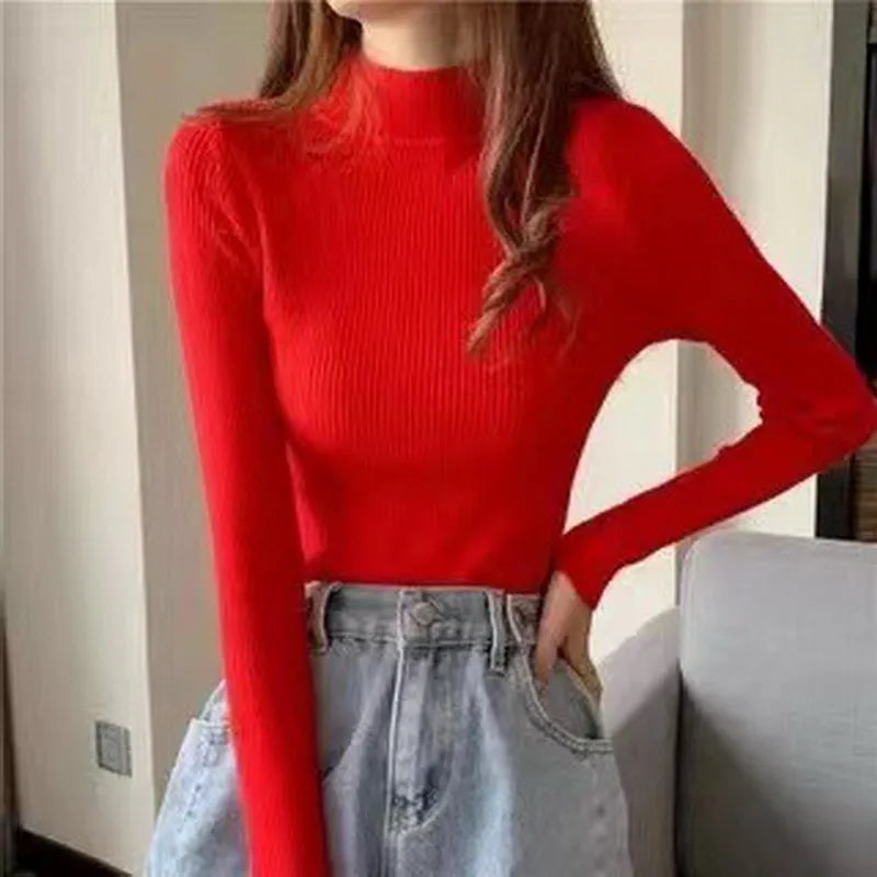 Winter Turtleneck Women's Sweater Knitted Pullover Soft Slim Long Sleeve Top Solid Color Basic High Neck Jumper Woman Clothing B-half neck-red One Size(40-65kg)