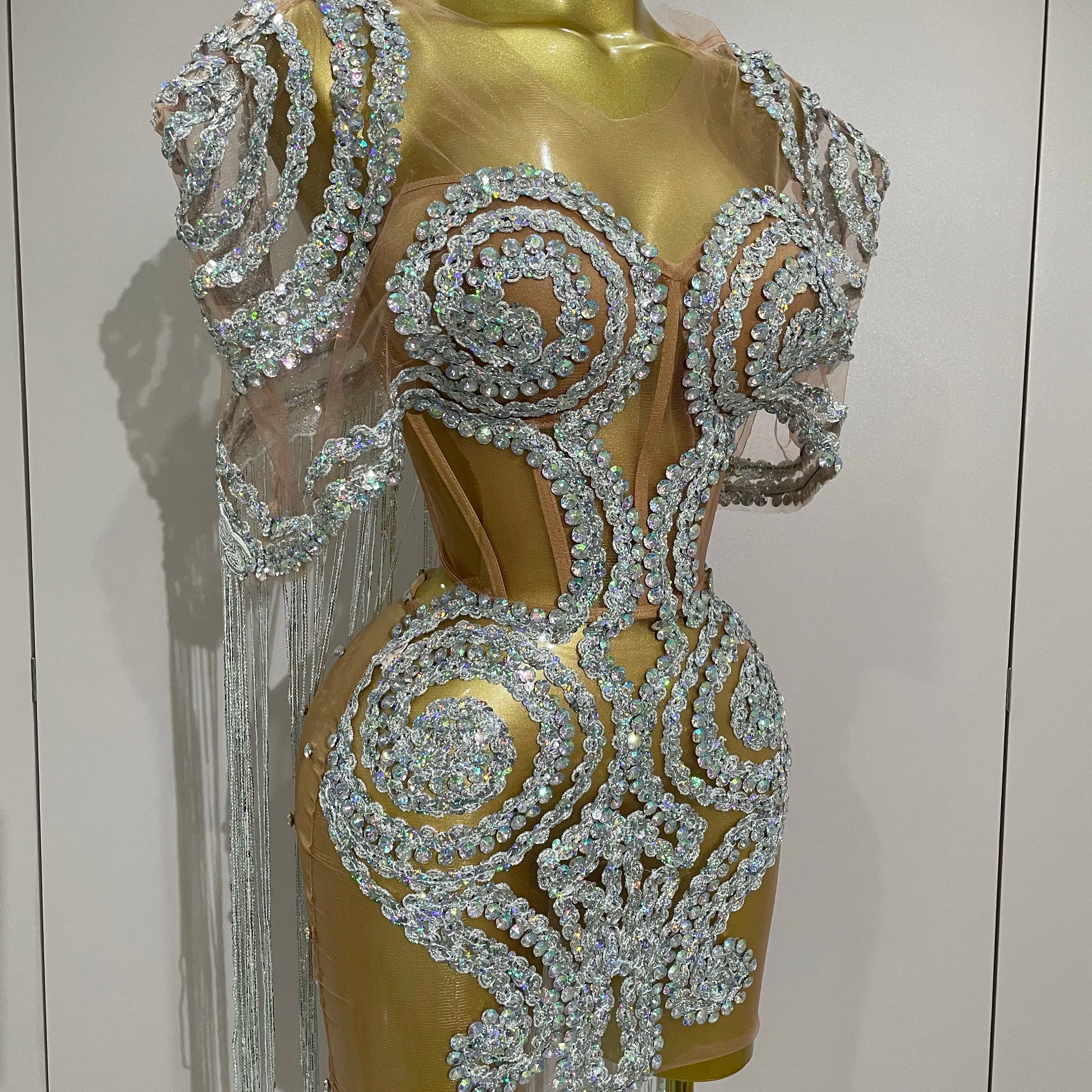 Stock Sparkly Rhinestones Sequins Sexy Mesh Tassels Cape Short Dress 2025 Women Evening Birthday Party Nightclub Stage Costume