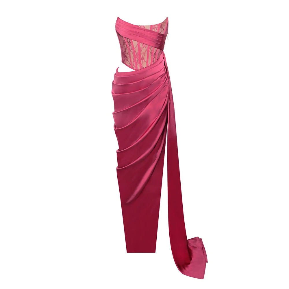 VC Cocktail Party Dress Women Sexy High Split Evening Clubwear Strapless Lace Patchwork Satin Long Dress Vestidos