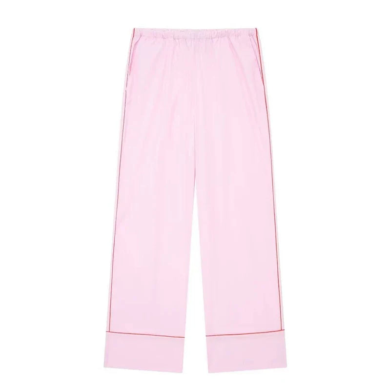 TRAFZA Woman New Fashion Suits Pink Turn-Down Collar Long Sleeves Single Breasted Short Shirts+Mid Waist Lace-Up Wide Leg Pants pink pant
