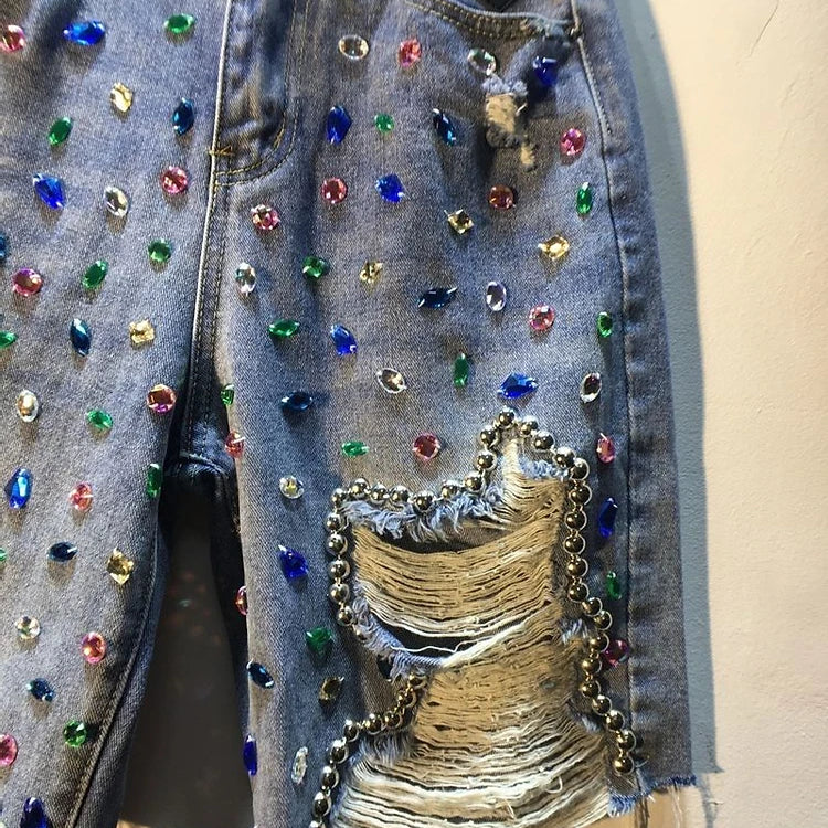 Diamond Beaded Denim Knee Length pants Woman Summer New Loose High Waist Slimming mid-pants Jeans women