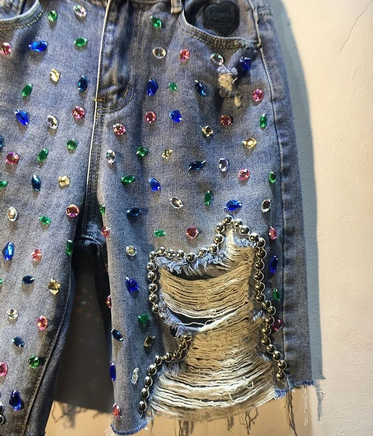 Diamond Beaded Denim Knee Length pants Woman Summer New Loose High Waist Slimming mid-pants Jeans women