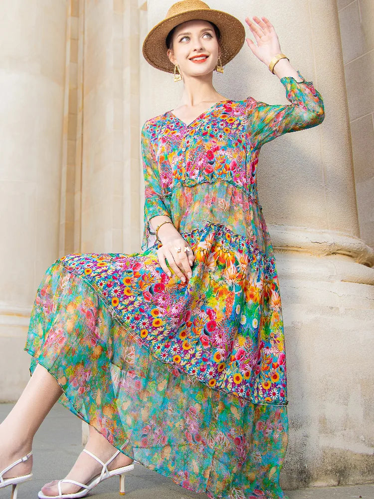 Summer 2023 Beach Boho Vintage Print Chiffon V Neck Dress Elegant Party Robe Designer Vestidos Loose Midi Dresses