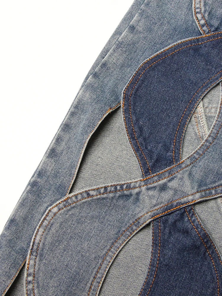 Spring Hollow Out Jeans For Women High Waist Patchwork Zipper Casual Wide Leg Pants Female Fashion Clothing New