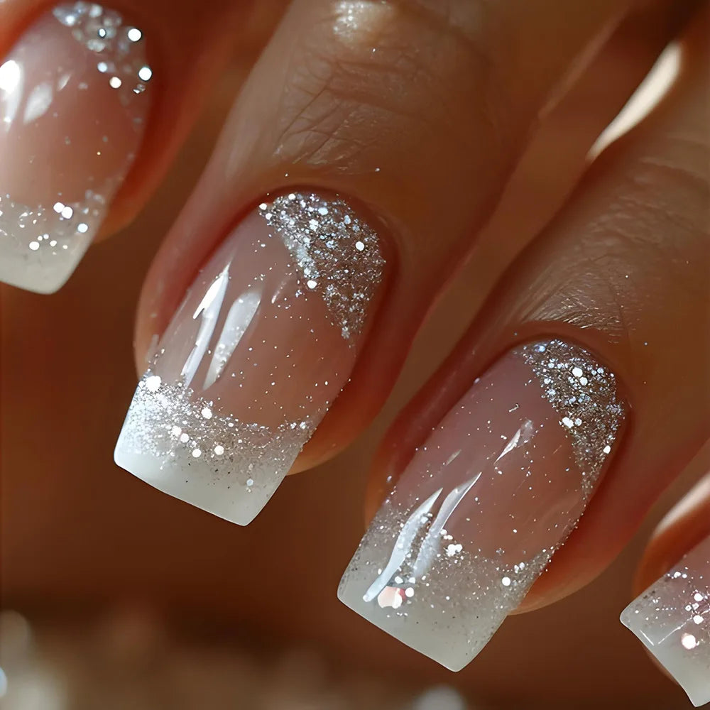 24pcs/set short middle fake nails super sparkling glitter flowers starry sky ballet square almond tips press on false nails art