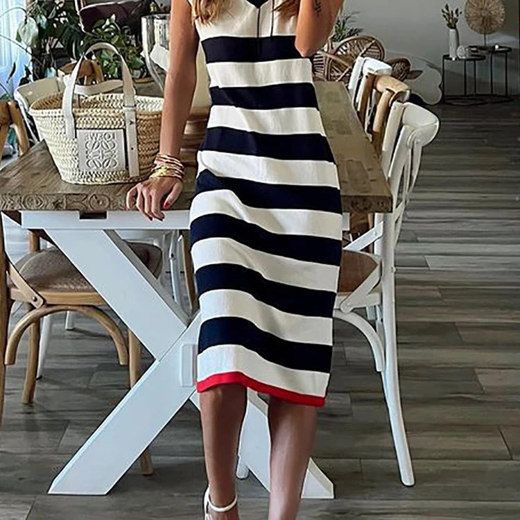 Women Elegant Striped Printing Sleeveless Party Dress Office Lady V Neck Shirt Dress Casual Female Loose Mid Dress Vestidos 2023