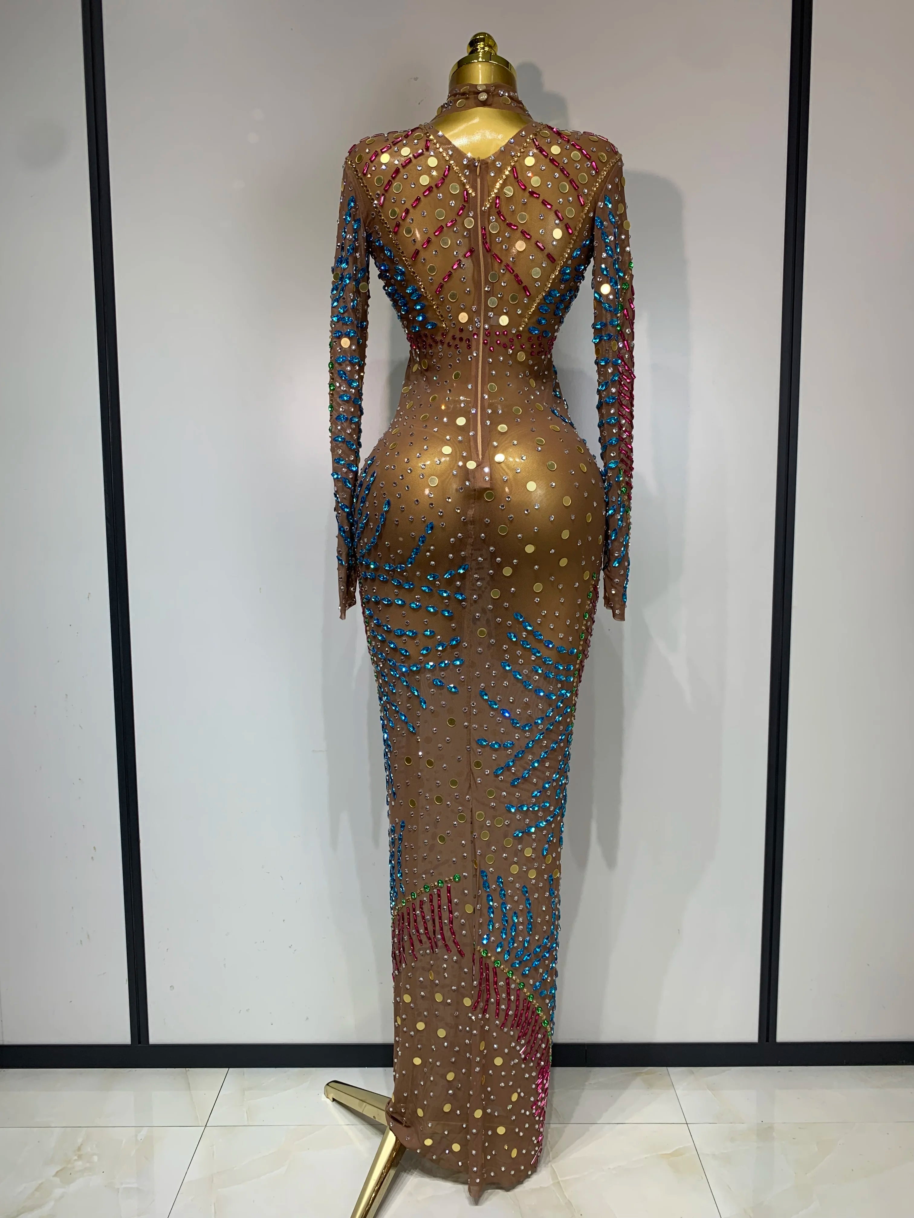 Women Sparkly Rhinestone See Through Elastic Mesh Women Long Dress Evening Prom Birthday Party Wear Club Performance Costume