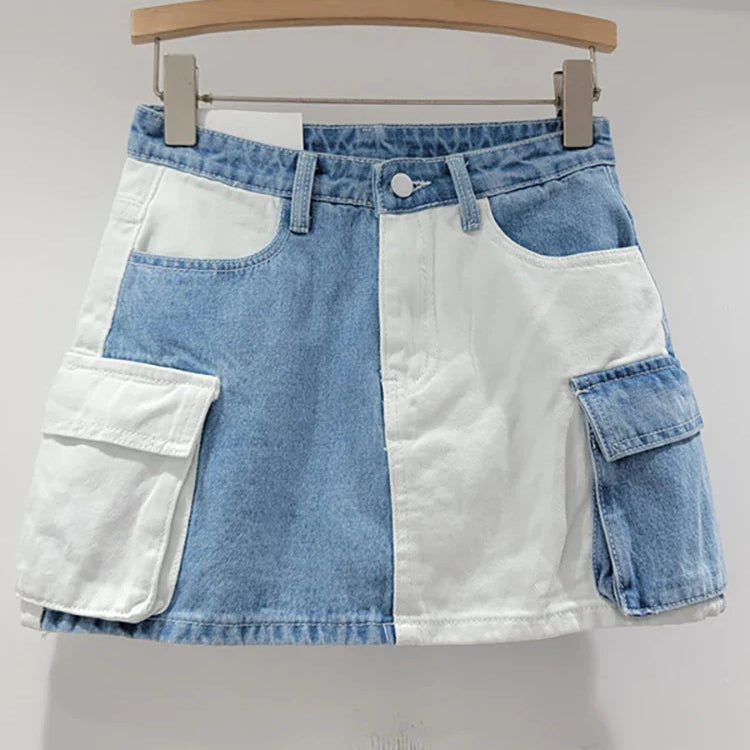 DEAT Women's Denim Skirt Contrast Color Patchwork Big Pockets Wrap Hip A-line Cargo Mini Skirt Summer New Fashion 29L6817 Blue