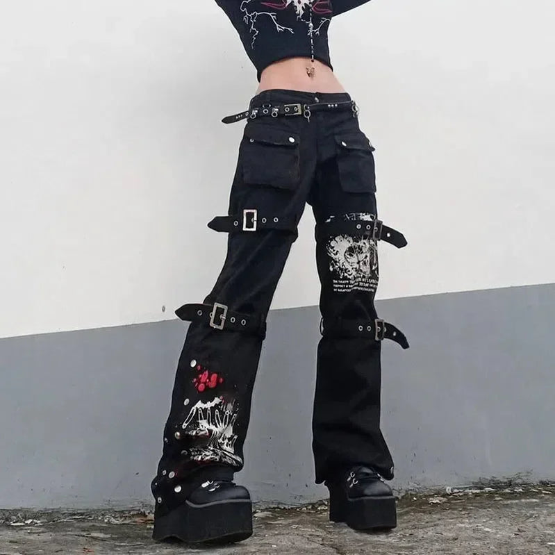 Gothic Print Women Jeans Spring Fashion Streetwear Bandage Pants Punk Style Female Dark Academic Sequined Denim Trousers New black
