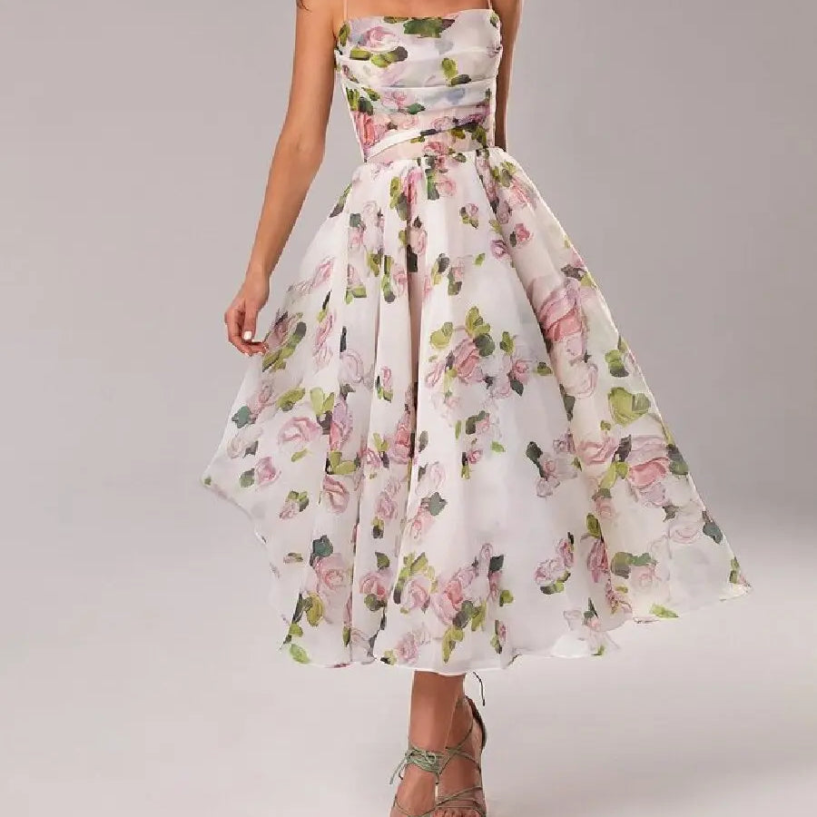 Bridal Luxury Evening Dresse Slim Fit Slash Neck A-LINE Sleeveless Ankle-Length Print Sling Chiffon Dress Women white