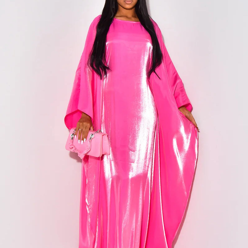 CM.YAYA Women Loose O-neck Full Batwing Sleeve Long Maxi Dress Summer Satin Vintage Africa Streetwear Vestido Evening Dresses