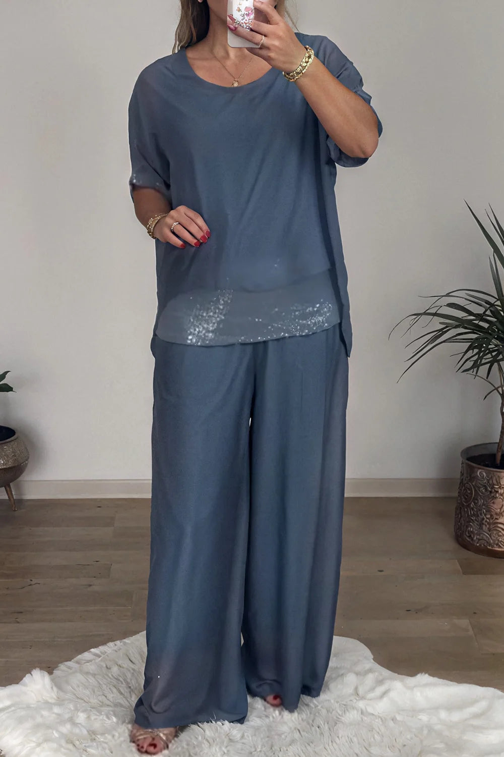 Plus Size Formal Green Elegant Round Neck Half Sleeve Pocket Chiffon Three Piece Sets