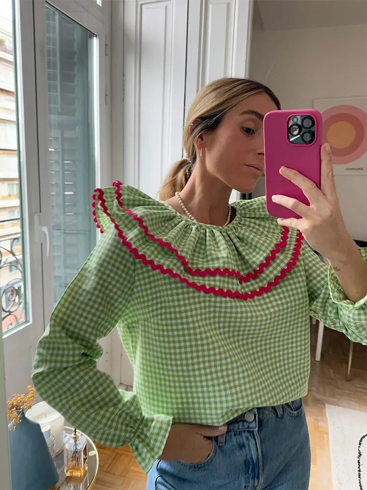Spring Women Green Plaid Print Puff Sleeve T Shirt Elegant Casual Loose Ruffles O Neck Tops New Female Commute Streetwear As show