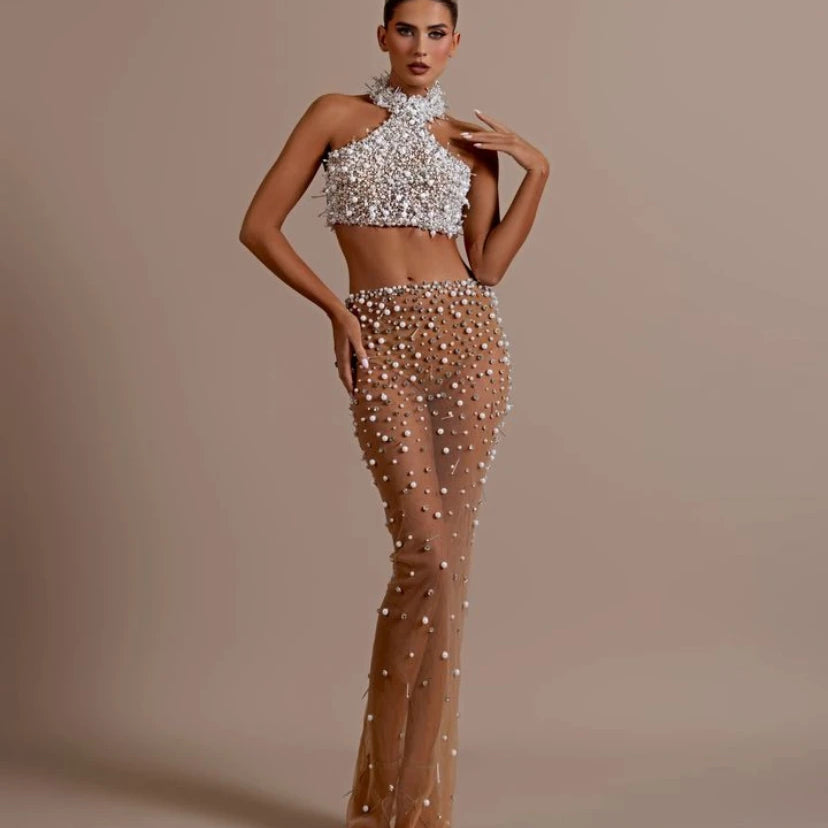 Fashion Women Sexy Off the Shoulder Pearl Beading 2 Pieces Bodycon Long Dress Mesh See Through Nightclub Party Celebrate Dress