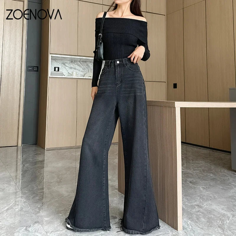 Spring Autumn New Fashion Women's Jeans Street Casual Wide Leg Pants Loose Straight Raw Edge Trousers Y2K Flared Pant