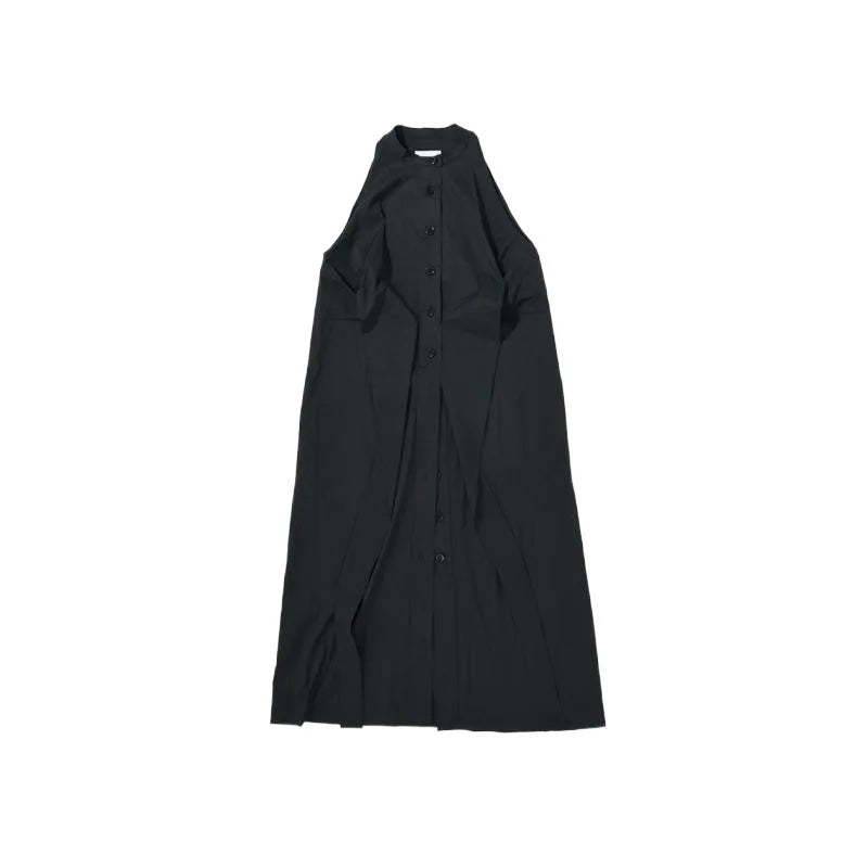 DEAT Fashion Women's Dress Round Collar Sleeveless Single Breasted Lace-up Solid Color Slim Dresses Spring New Tide 7AB3831 Grey