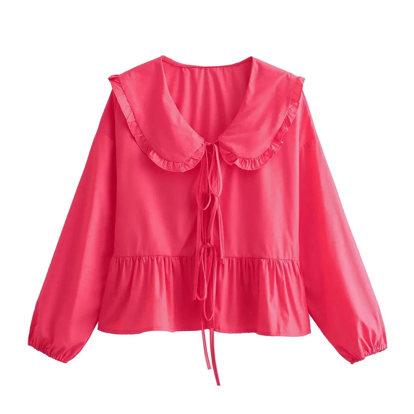 EDSA Women Elegant Ruffles Shirt Summer Blouse with Peter Pan Collor Lantern Sleeves Bow Buttons Sweet Soft Top