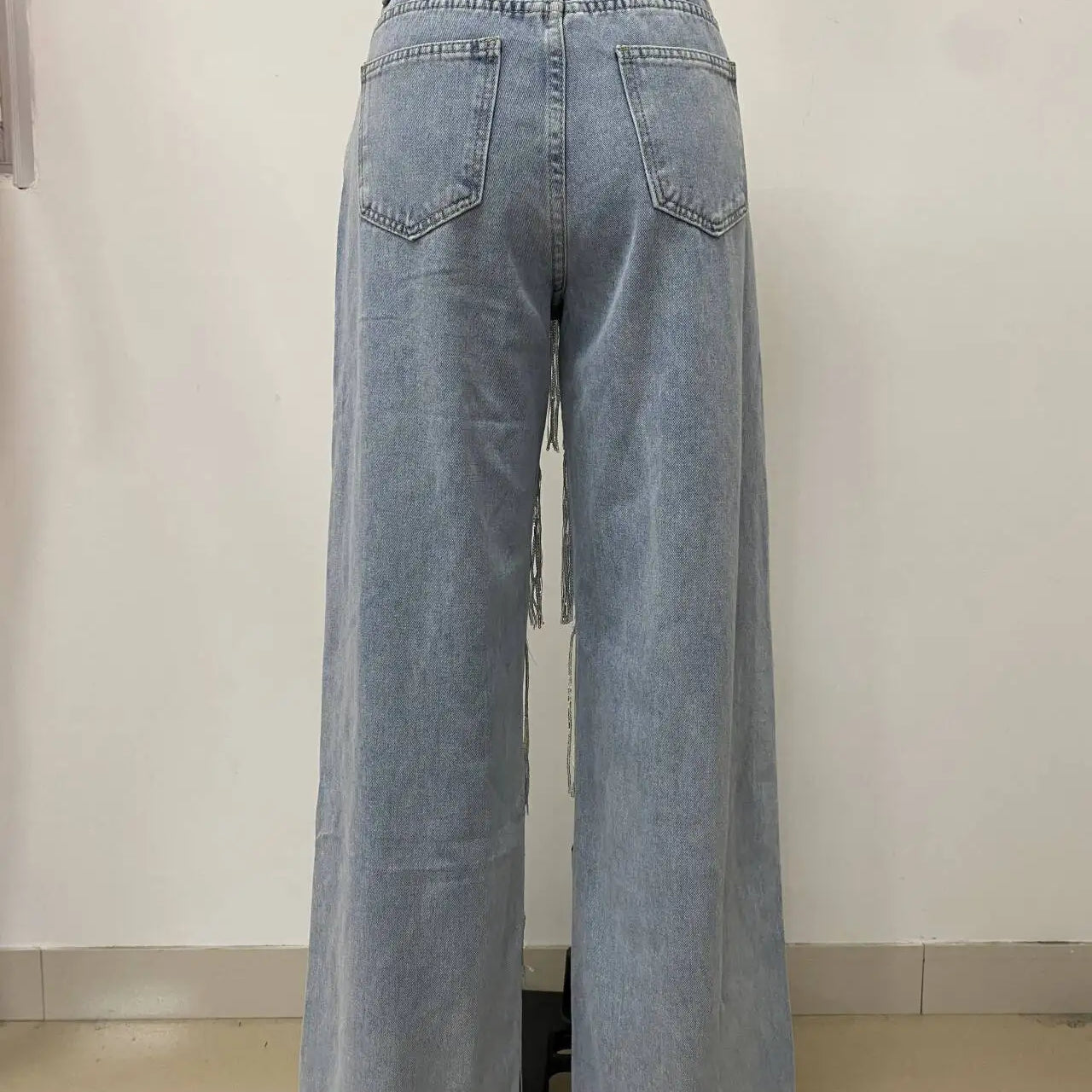 CM.YAYA Women Sequins Tassel Wide Leg Blue Denim Pants 2025 Summer Streetwear Party Vintage High Waist Jeans Trousers