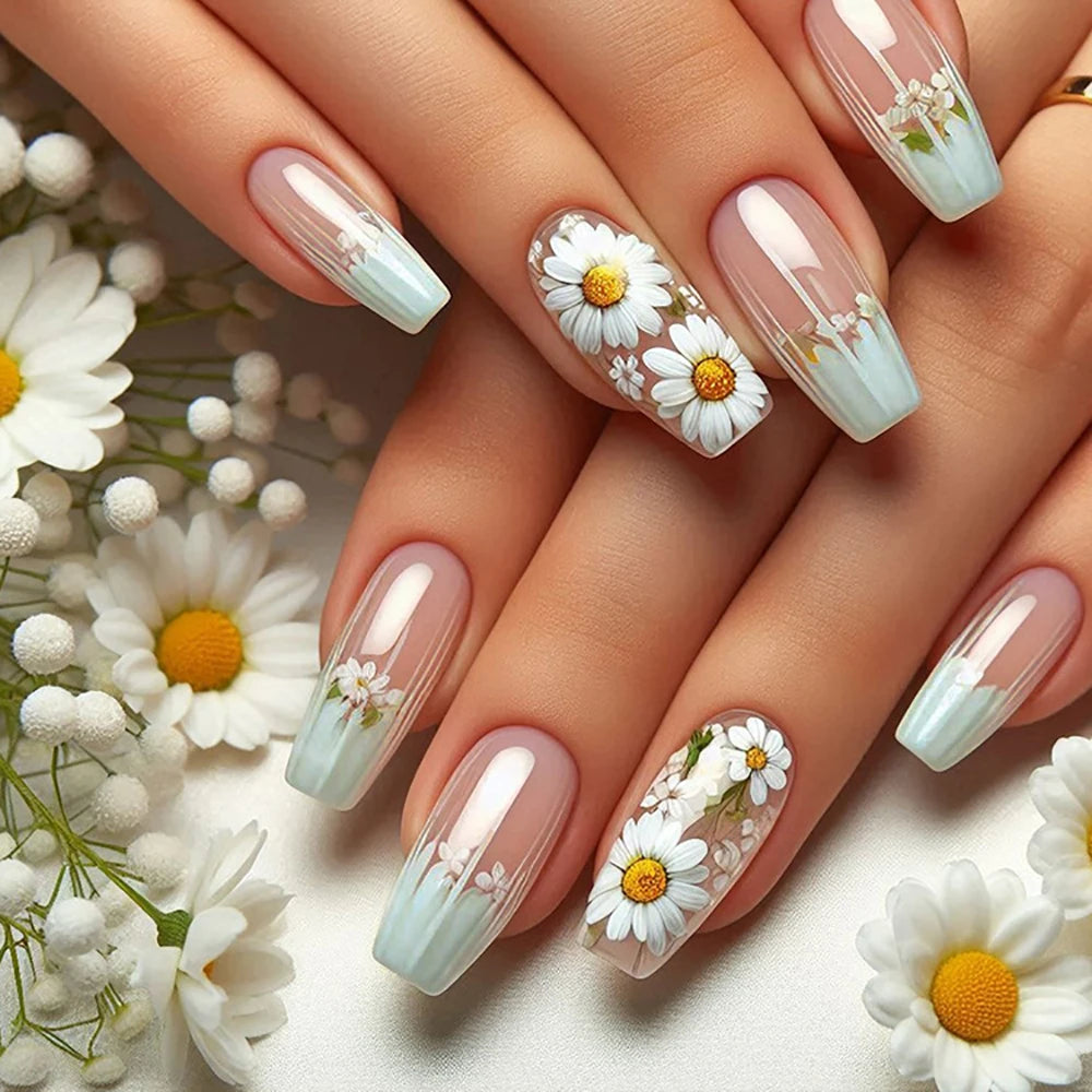 24pcs/set Court Moyen faux ongles pour le printemps été belles fleurs colorées abeilles faux ongles conseils appuyez sur faux nail art