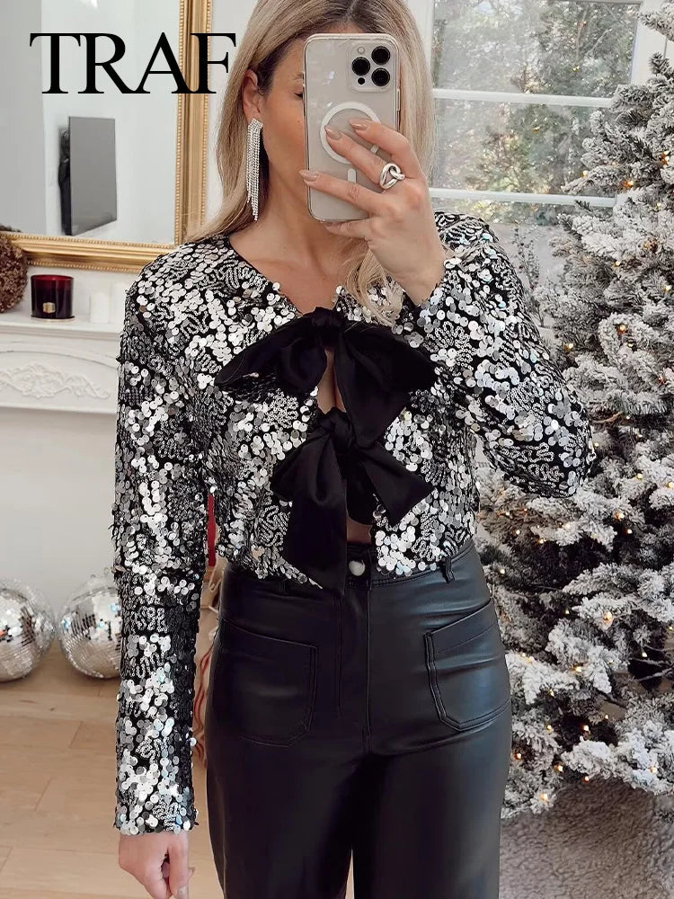 Spring Women's Fashion Black Blouses Long Sleeve With Sequins Bow Cardigans Female Chic Cropped Tops Streetwear