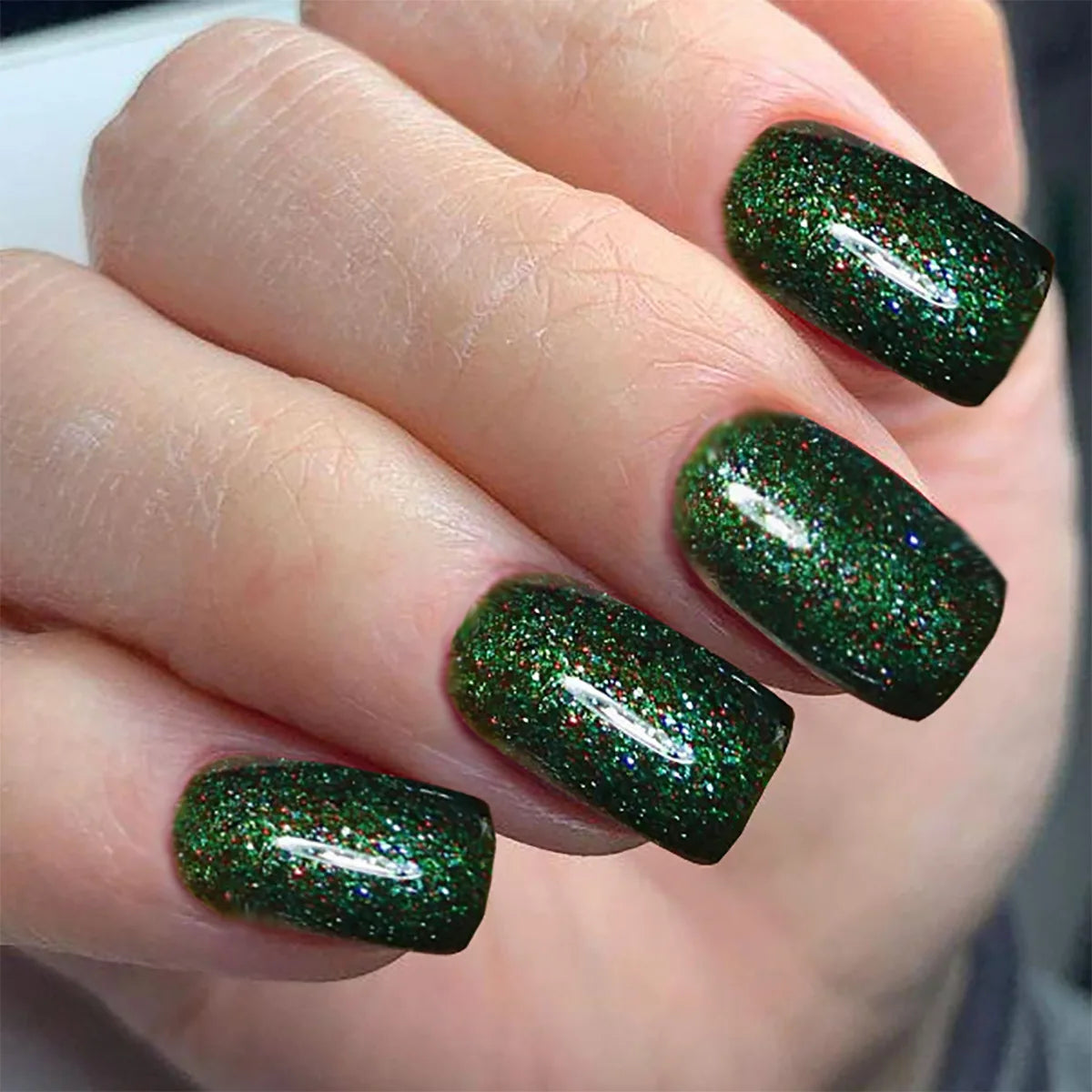 24pcs/set short square fake nails super flash glitter UV nail tips black blue green pink gold faux ongles press on false nail